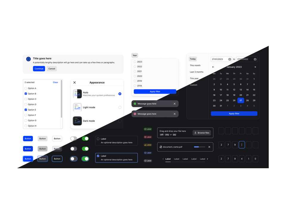 Mollie UI components shown side by side in light and dark mode, including buttons, form fields, and toggles.